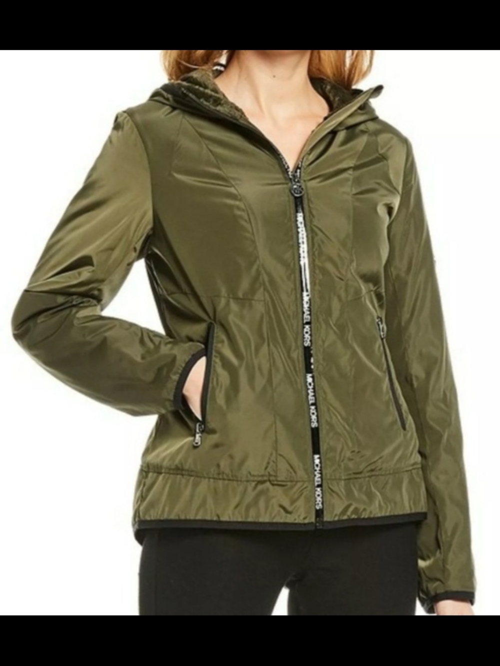 Michael Kors Olive Green Fleece Lined Hooded Windbreaker Jacket Size XS